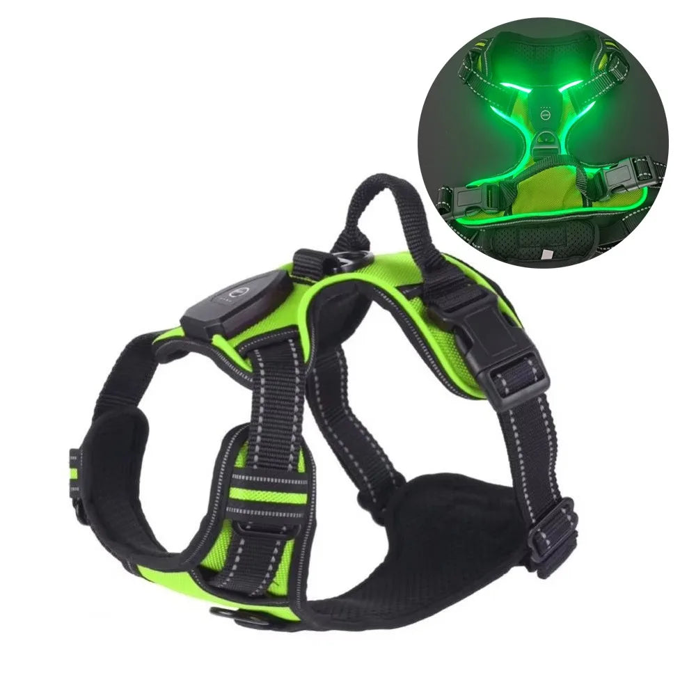 Neon green LED dog harness with adjustable straps, safety feature, sold by Pawvero