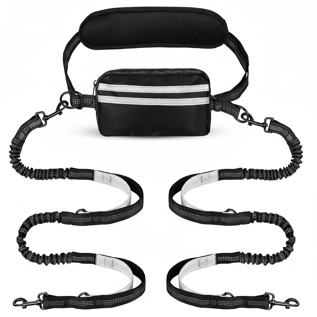Hands-free dog leash with black pouch and reflective strips from Pawvero, ideal for running