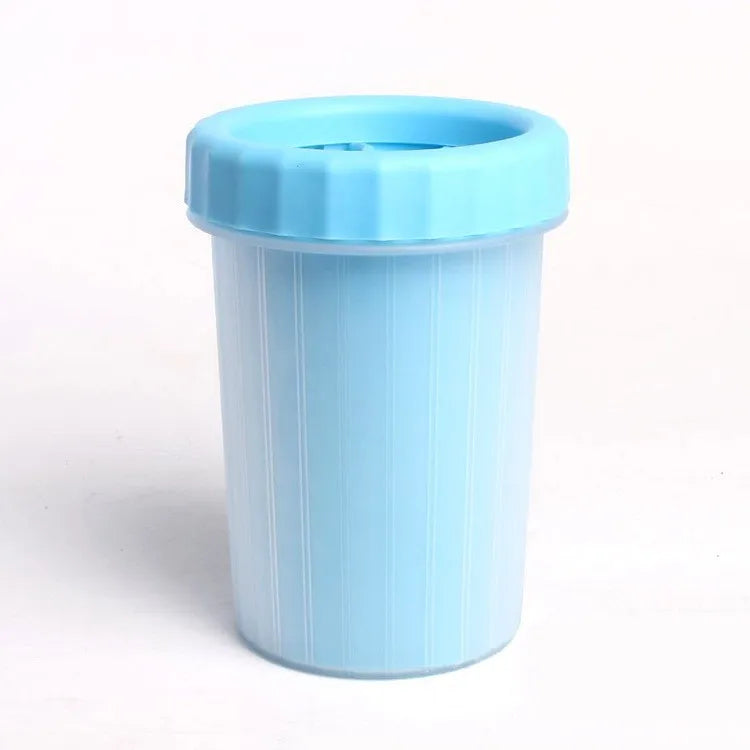Light blue plastic pet paw cleaning cup with lid on white background, Pawvero