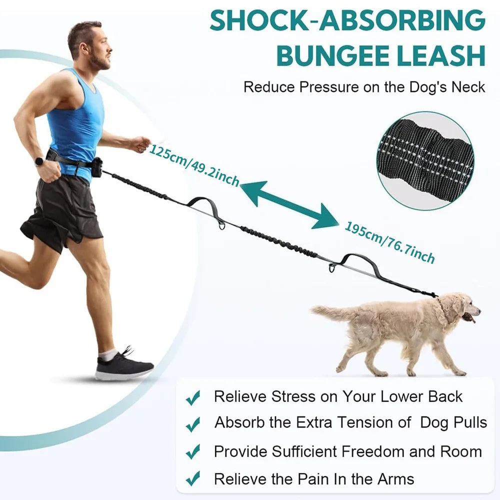 Man jogging with golden retriever using Pawvero shock-absorbing bungee dog leash belt