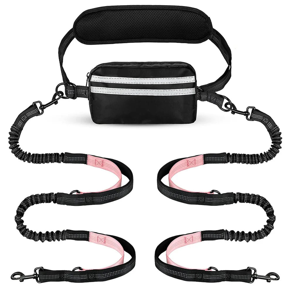 Pawvero black hands-free dog leash set with reflective waist pouch and pink-accented bungee leads