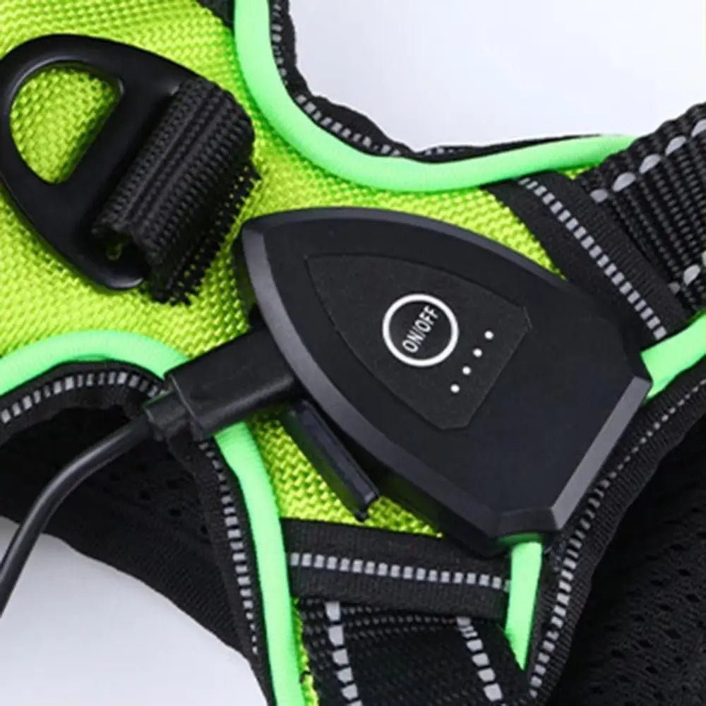 Rechargeable neon green dog harness with black on/off button, Pawvero pet accessory