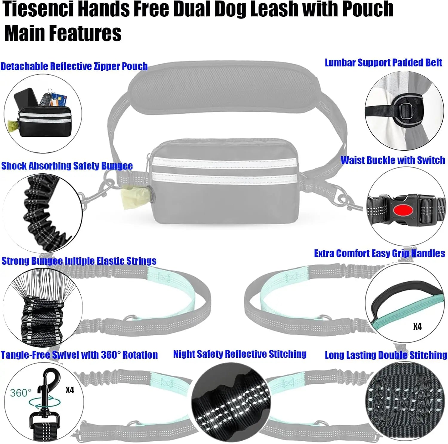 Hands-free dual dog leash with reflective zipper pouch, padded belt, bungee, and swivel, Pawvero