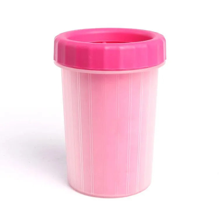 Pink plastic Pawvero pet paw cleaner cup on white background