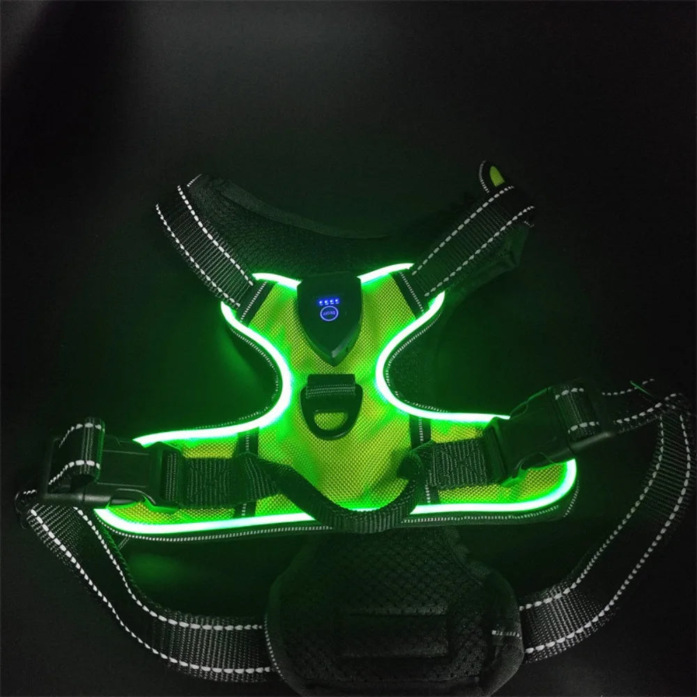 Neon green LED dog harness with reflective straps on black background, Pawvero pet gear