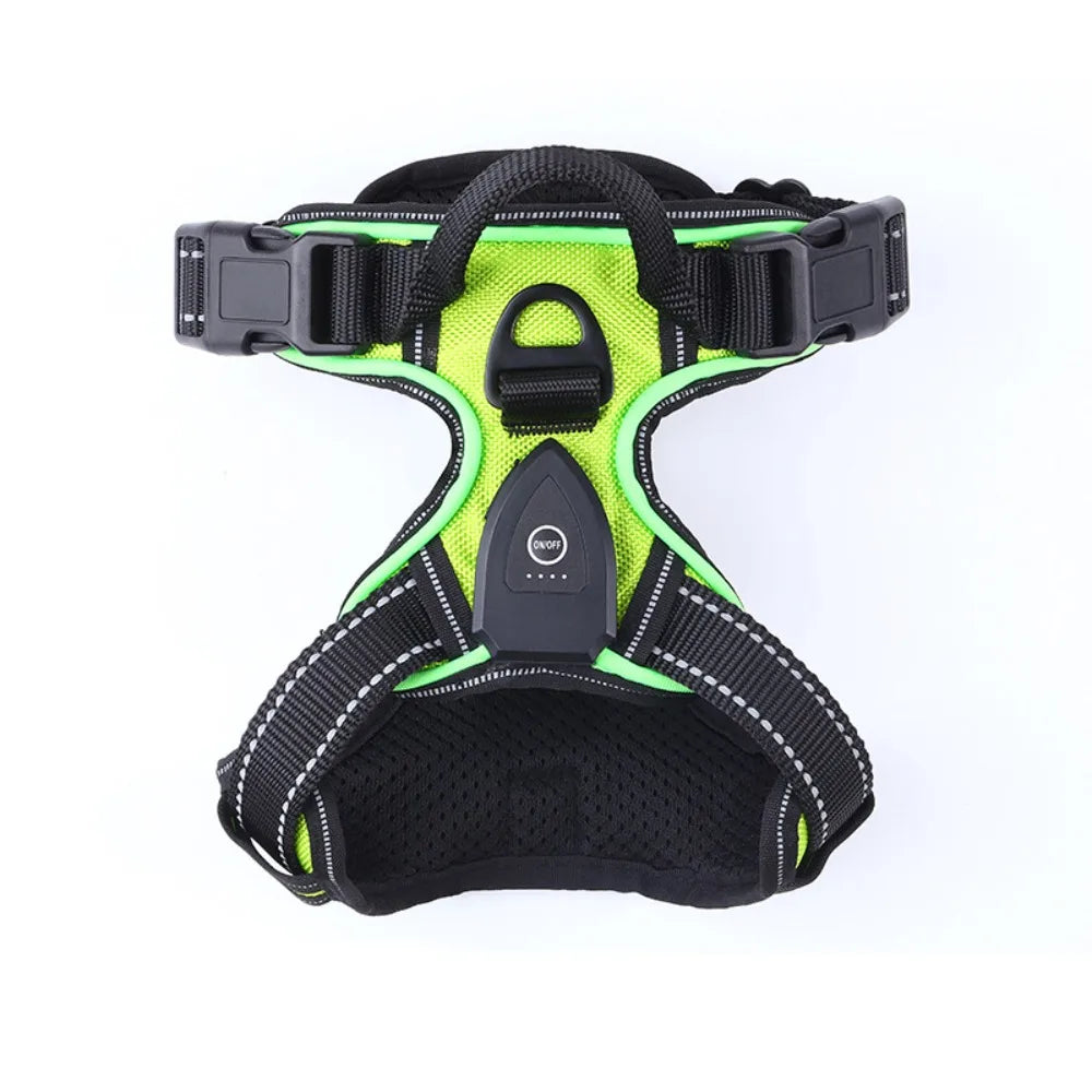 Pawvero neon green dog harness with reflective trim and handle, shown on white background