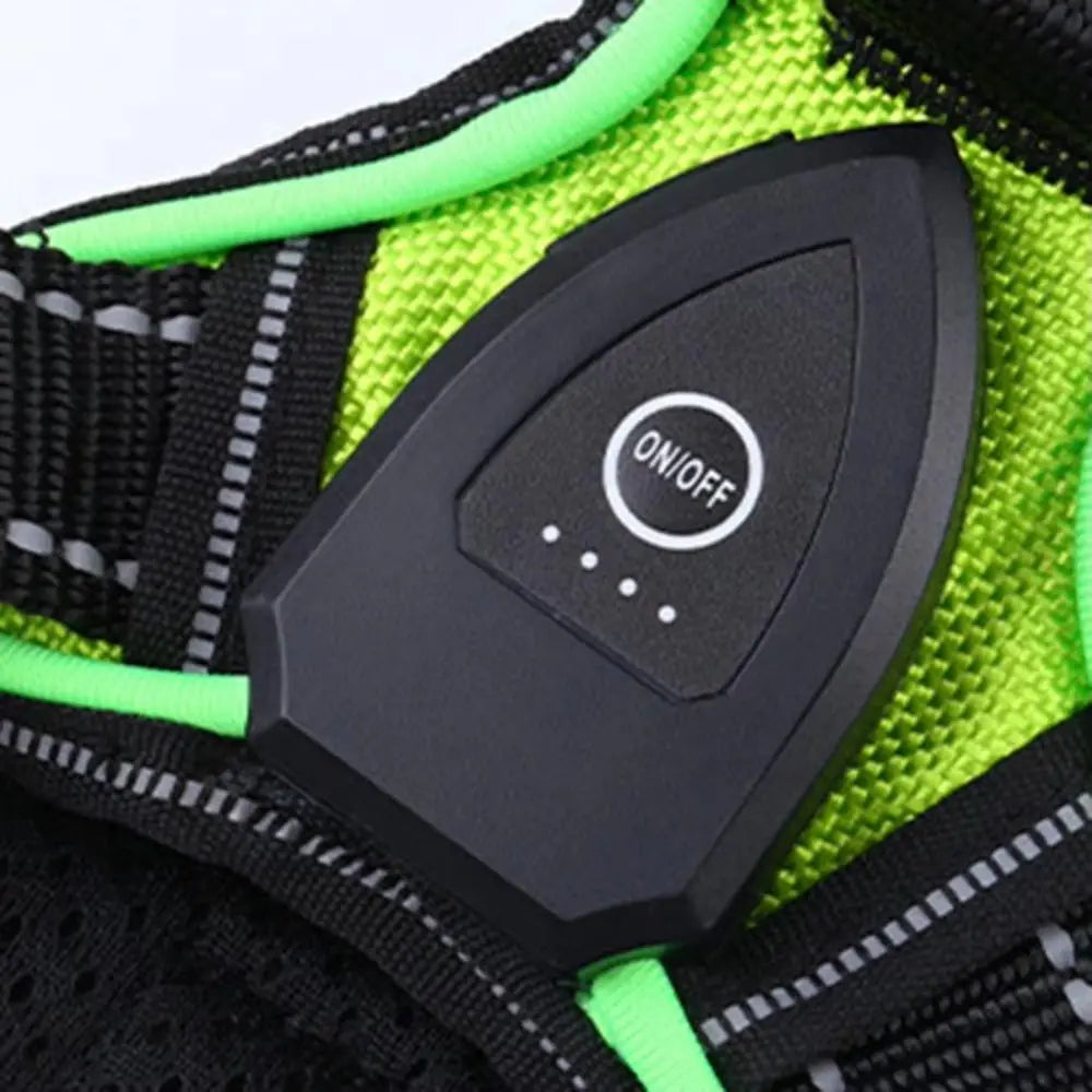 Close-up of Pawvero pet harness with black on/off LED device and neon green trim
