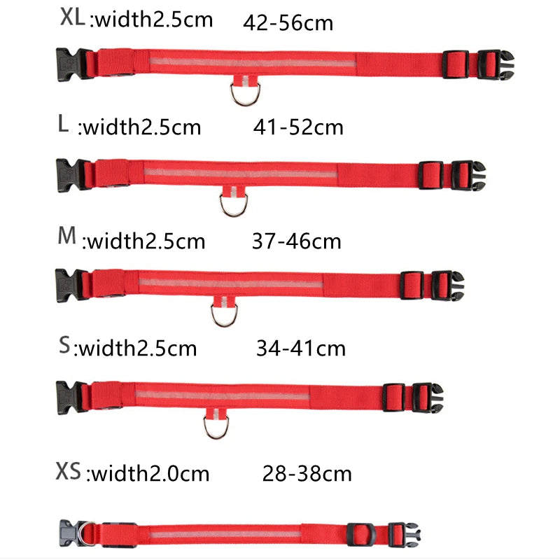 Five red adjustable Pawvero dog collars in XS to XL sizes with metal D-rings and measurements shown.