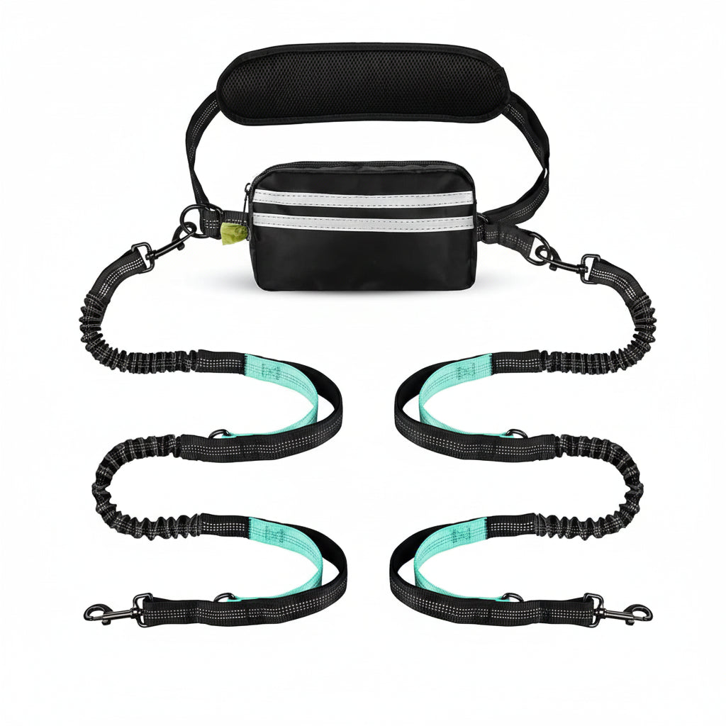 Hands-free dog leash with waist bag, reflective accents, and bungee design from Pawvero