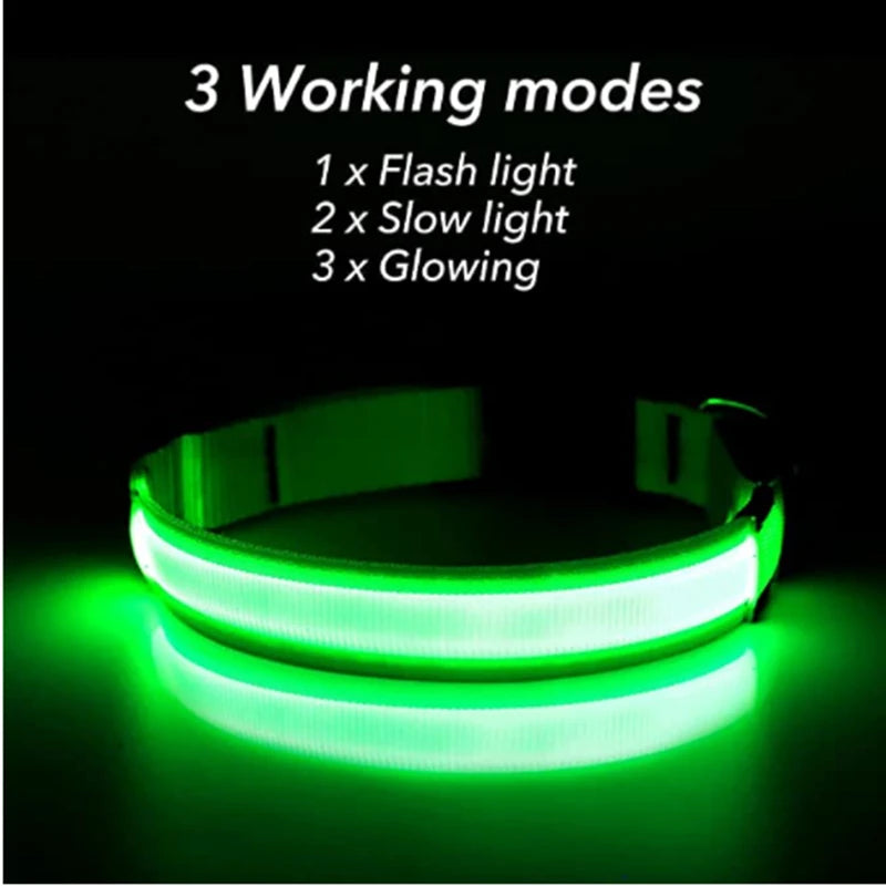 Green LED dog collar with three light modes for pet safety, Pawvero product