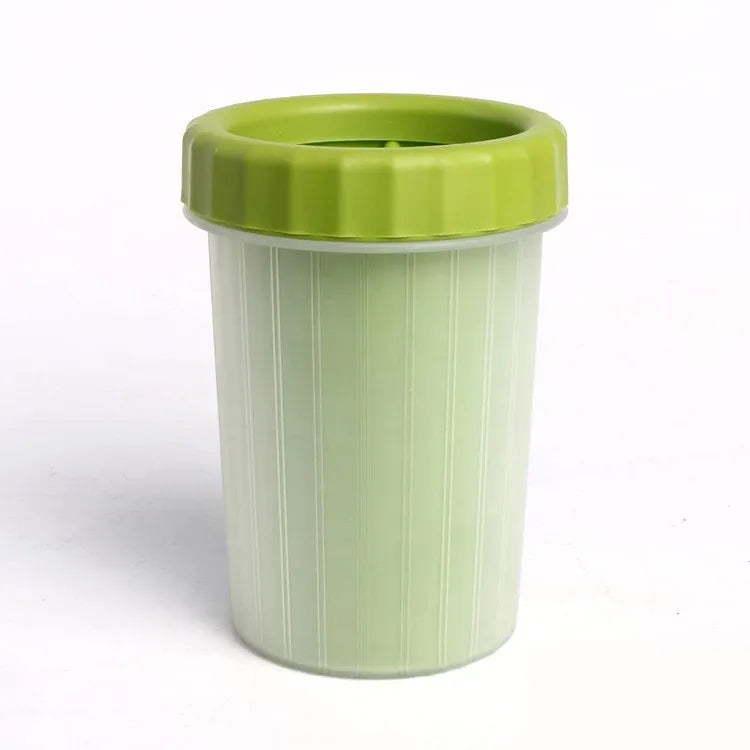 Pawvero green pet paw cleaner cup with ribbed design and lid on white background
