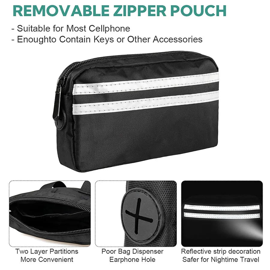 Black removable zipper pouch with reflective strips, dual partition, and earphone hole, Pawvero.
